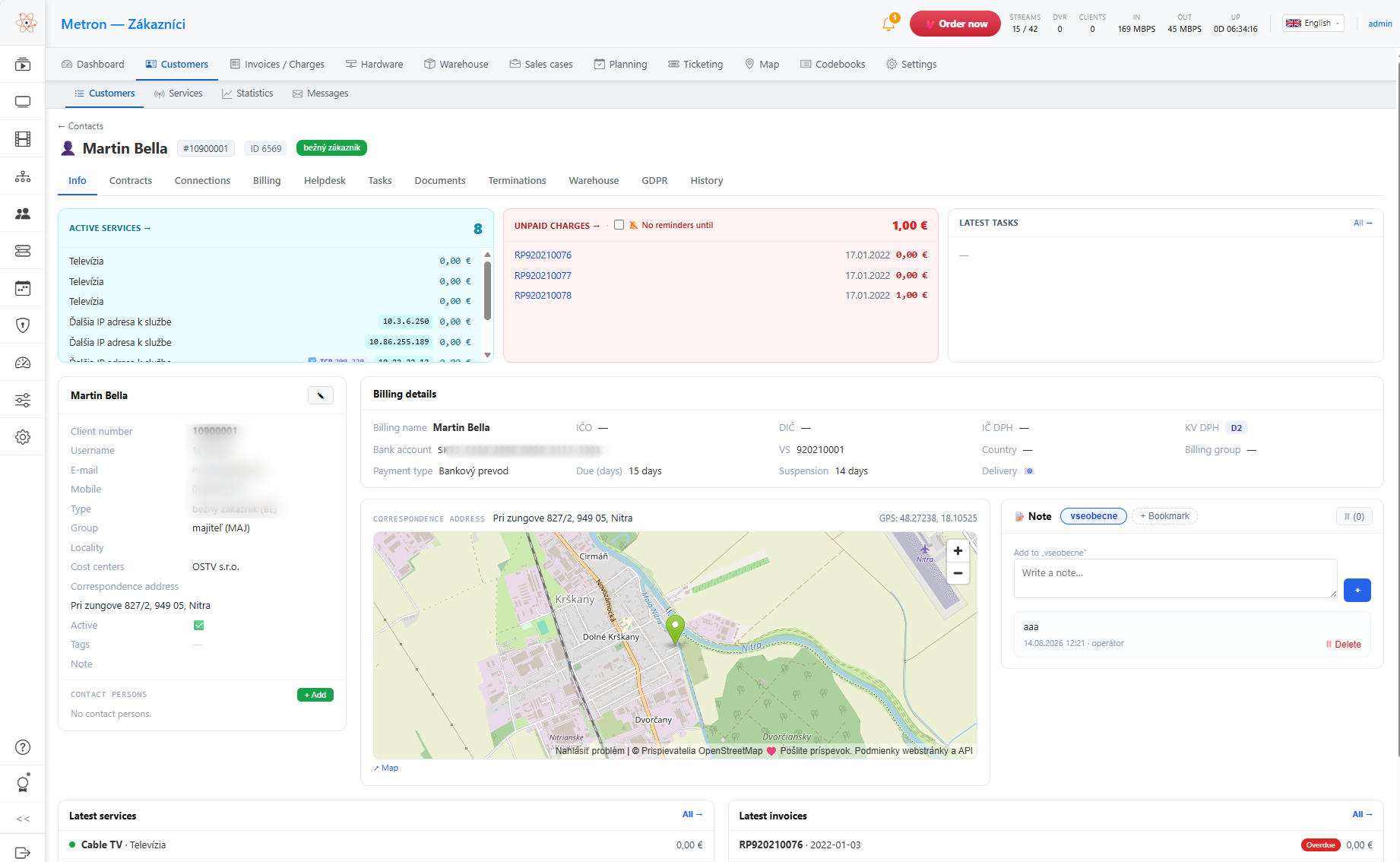 Metron — customer detail with services, billing and network map